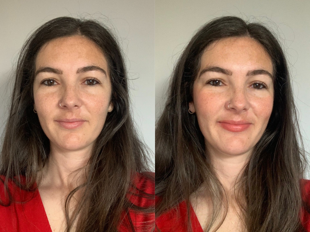 Rare Beauty Liquid Blush in Joy before and after | Space NK